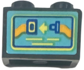 Lego Brick 1 x 2 with Bright Light Orange, Blue and Bright Light Yellow Arrow and Fasten Seatbelt Screen on Medium Azure Background Pattern (Sticker) - Set 42656 / Black