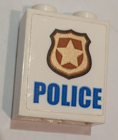 Lego Brick 1 x 2 x 2 with Inside Stud Holder with Blue 'POLICE', Gold and Copper Badge Pattern (Sticker) - Set 60139 / White