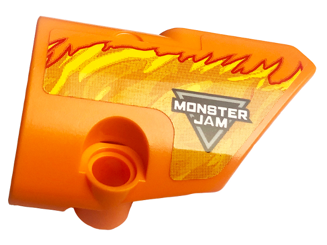 Lego Technic, Panel Fairing # 2 Small Smooth Short, Side B with Logo 'MONSTER JAM' and Yellow Flames Pattern (Sticker) - Set 42135 / Orange
