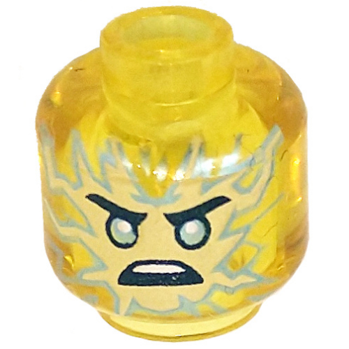 Lego Minifig Head Jay, Sand Blue Flames, Green Eyes print / Trans-Yellow