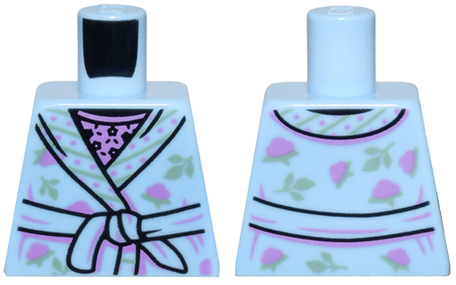 Lego Torso Dressing Gown with Medium Lavender Dots and Sand Green Leaves and Stripes over Top with Black Flowers Pattern / Bright Light Blue