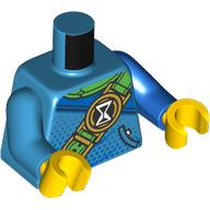 Lego Torso, Lime Strap, Black/White Hourglass Symbol, Blue Cloak print, Odd Arms, Left Blue Arm, Right Dark Azure Arm, Yellow Hands / Dark Azure