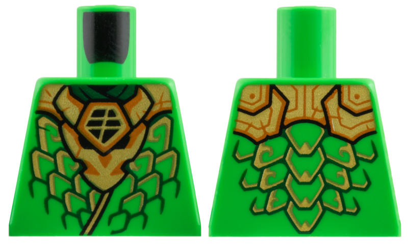 Lego Torso Gold Dragon Head Armor and Scale Tips, Dark Orange Trim, Ninjago Logogram 'L' Pattern / Bright Green
