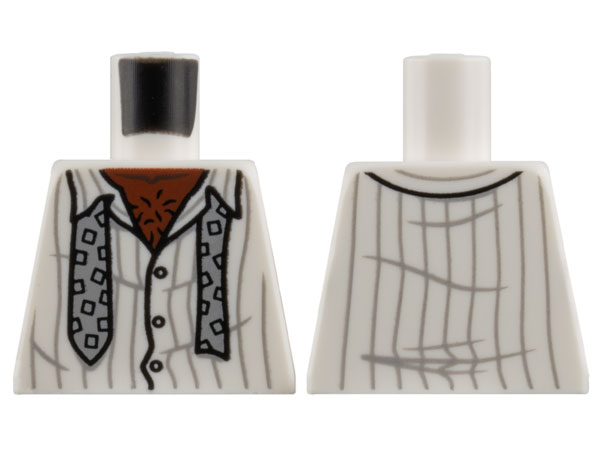 Lego Torso Shirt with Buttons, Open Collar, and Light Bluish Gray Pinstripes, Loose Tie with Squares, Reddish Brown Hairy Chest Pattern / White