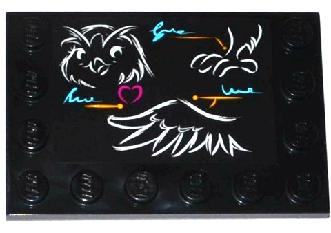 Lego Tile, Modified 4 x 6 with Studs on Edges with Classroom Blackboard with Owl Head, Leg and Wing Pattern (Sticker) - Set 41005 / Black