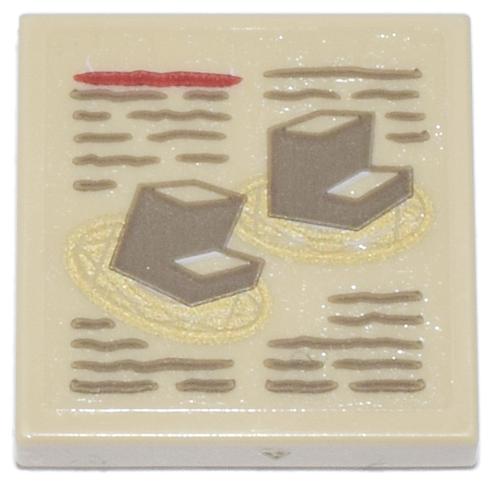 Lego Tile 2 x 2 with Minifigure Feet on Gold Magic Energy Mandalas and Dark Tan and Red Text Pattern (Sticker) - Set 76218