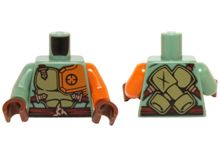 Lego Torso Ninjago Olive Green and Orange Body Armor with Dark Red Straps and Belt Pattern / Orange Arm Left / Sand Green Arm Right / Reddish Brown Hands