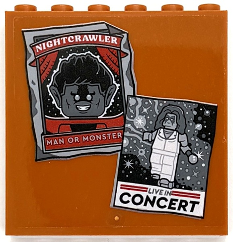 Lego Panel 1 x 6 x 5 with 'NIGHTCRAWLER MAN OR MONSTER' and 'LIVE IN CONCERT' Posters Pattern (Sticker) - Set 76294 / Dark Orange