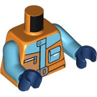 Lego Torso, Orange/Medium Azure Jacket, Silver Belt Buckle, Zipper, Pocket print, Medium Azure Arms, Dark Blue Hands / Orange