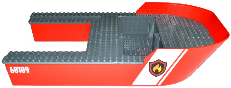 Lego Boat, Hull Giant Bow 40 x 20 x 7 with Dark Bluish Gray Top with Fire Logo and '60109' Pattern on Both Sides (Stickers) - Set 60109 / Red