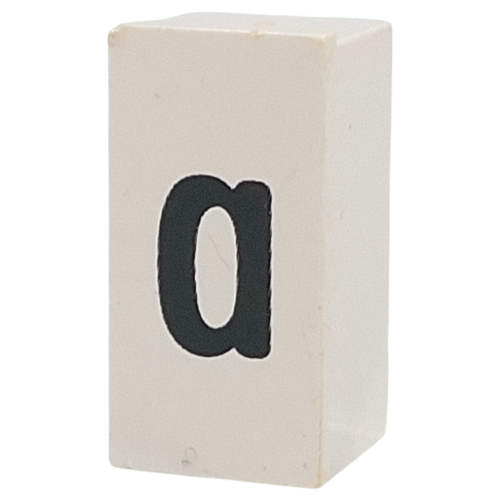 Lego Tile Special 1 x 2 x 5/6 with Stud Hole in End with 'a' Print / White