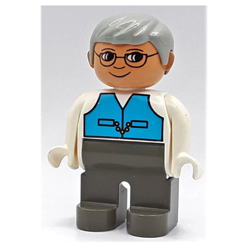 Lego Duplo Figure, Early, with Short Parted Hair Light Gray, Dark Gray Legs, Medium Blue Vest, Glasses Print