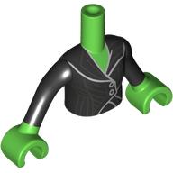 Lego Minidoll Torso Girl with Bright Green Arms and Hands with Black Jacket, Silver Trim, Buttons print / Bright Green