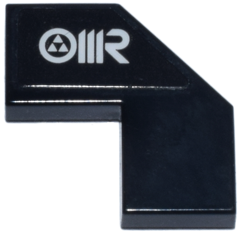 Lego Tile, Modified Facet 2 x 2 with White 'OMR' Pattern Model Right Side (Sticker) - Set 77242