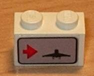 Lego Brick 1 x 2 with Red Arrow on Left Side pointing Right & Airplane Pattern (Sticker) - Set 6396