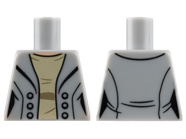 Lego Torso Female Jacket Open with Buttons over Tan Shirt with Dark Tan Creases, Light Nougat Neck Pattern / Light Bluish Gray