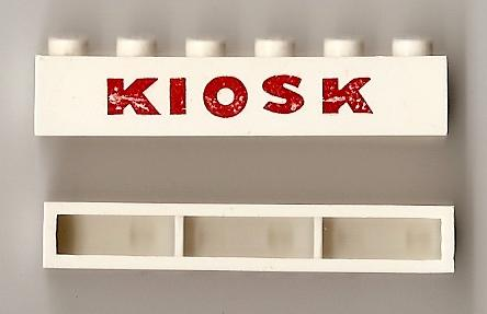 Lego Brick 1 x 6 without Bottom Tubes with Cross Side Supports with Red 'KIOSK' Sans-Serif Extra Bold Pattern