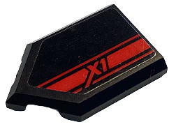 Lego Tile, Modified 2 x 3 Pentagonal with Red Stripe and 'X1' Pattern (Sticker) - Set 71737 / Black