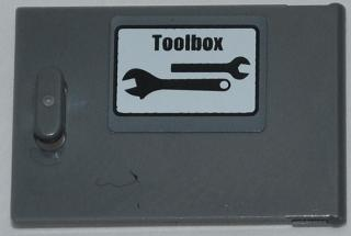 Lego Container, Cupboard 2 x 3 x 2 Door with 'Toolbox' and 2 Wrenches Pattern Model Right Side (Sticker) - Set 9457 / Dark Bluish Gray