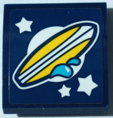 Lego Slope, Curved 2 x 2 x 2/3 with Yellow Surfboard, White Stars and Medium Azure Water Splashes Pattern (Sticker) - Set 41364 / Dark Blue