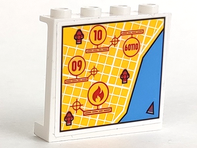 Lego Panel 1 x 4 x 3 with Side Supports - Hollow Studs with Street Map, Fire Hydrant Locations, and '09', '10', '60110', and Flame in Circles Pattern (Sticker) - Set 60110 / White