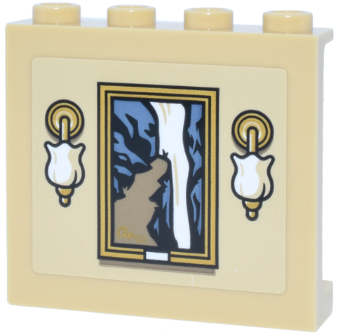 Lego Panel 1 x 4 x 3 with Side Supports - Hollow Studs with Gold and White Light Sconces, Picture of Waterfall and Sand Blue and Dark Tan Cliff in Frame Pattern (Sticker) - Set 10351 / Tan
