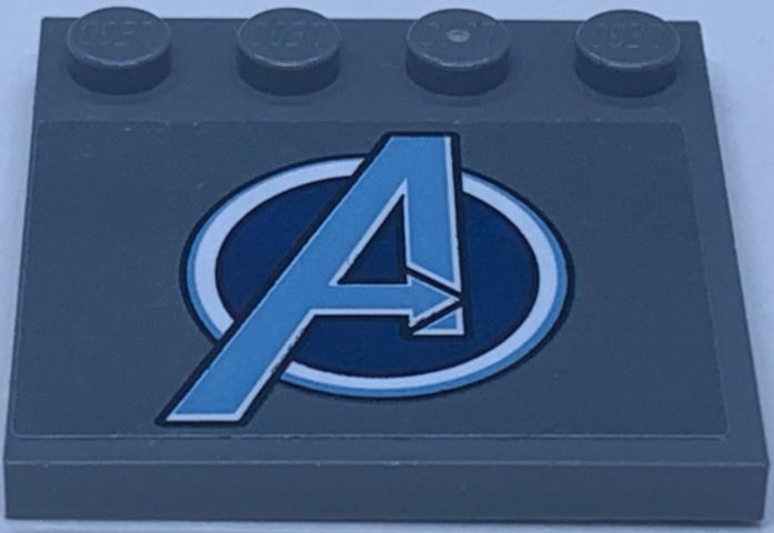 Lego Tile, Modified 4 x 4 with Studs on Edge with Metallic Light Blue Avengers Logo Pattern (Sticker) - Set 76131 / Dark Bluish Gray