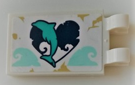 Lego Tile, Modified 2 x 3 with 2 Clips with Dark Turquoise Dolphin on Heart Pattern (Sticker) - Set 41378