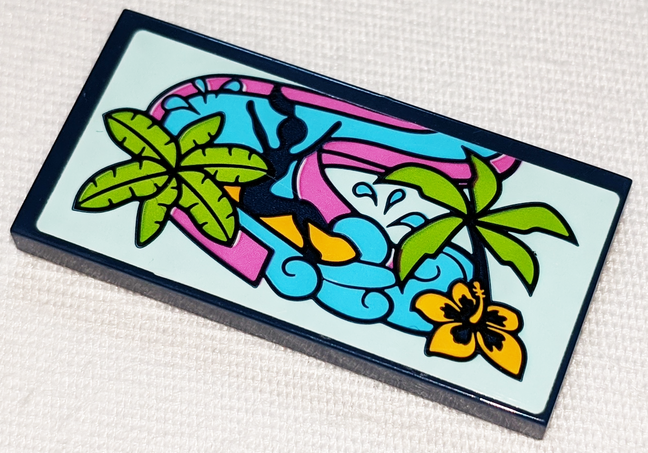Lego Tile 2 x 4 with Girl on Dark Pink Water Slide, Palm Trees and Bright Light Orange Flower Pattern (Sticker) - Set 41347