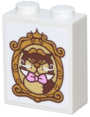 Lego Brick 1 x 2 x 2 with Inside Stud Holder with Portrait of Reddish Brown and Tan Cat, White Whiskers and Bright Pink Bow in Gold Ornate Oval Frame Pattern (Sticker) - Set 43275 / White