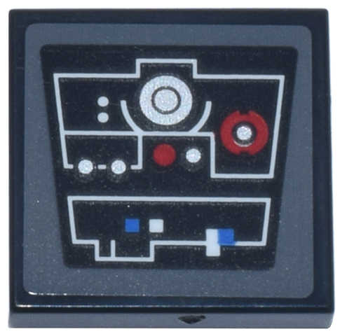 Lego Tile 2 x 2 with Control Panel, White Angled Lines, Silver and Red Circle Lights and Buttons, 2 Blue Squares Pattern (Sticker) - Set 75419