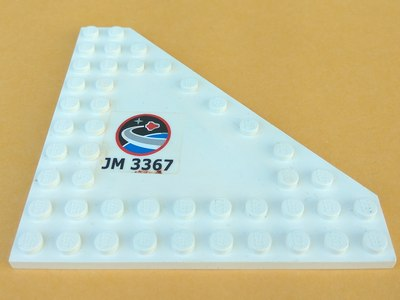 Lego Wedge, Plate 10 x 10 Cut Corner with no Studs in Center with Space Center Logo and 'JM 3367' Pattern Model Right Side (Sticker) - Set 3367 / White
