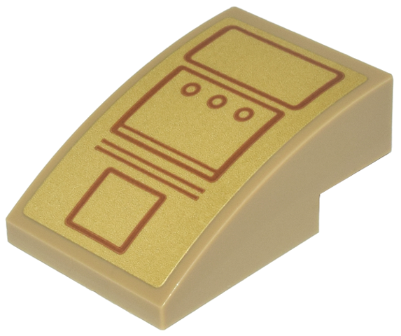 Lego Slope, Curved 3 x 2 with Dark Orange Rectangles, Lines, and Circles on Gold Background Pattern (Sticker) - Set 76210 / Dark Tan