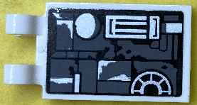 Lego Tile, Modified 2 x 3 with 2 Open O Clips with Black, Dark Bluish Gray and Light Bluish Gray SW Imperial AT-Hauler Hull Plates and Mechanical Pattern Model Right Side (Sticker) - Set 75219 / White