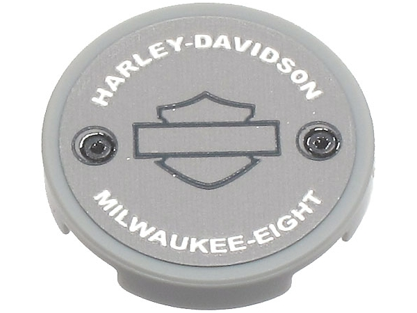 Lego Tile, Round 2 x 2 with Bottom Stud Holder with Silver 'HARLEY-DAVIDSON' and 'MILWAUKEE-EIGHT' Pattern (Sticker) - Set 10269