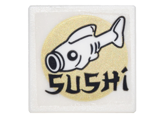 Lego Road Sign 2 x 2 Square with Open O Clip with Fish, Gold Circle and Black 'SUSHI' Pattern (Sticker) - Set 70620 / White