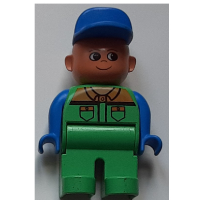 Lego Duplo Figure, Early, Cap Blue, Green Legs, Shirt with Collar and Two Pockets Print