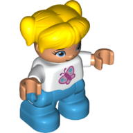 Lego Duplo Figure Child with Ponytails and Bangs Yellow, Dark Azure Legs, Pink Butterfly Print / White
