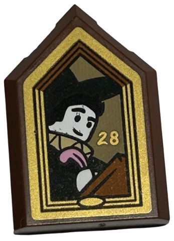 Lego Tile, Modified 2 x 3 Pentagonal with Picture of Wizard with Bright Pink Plume Feather and Number 28 in Gold Frame Pattern (Sticker) - Set 40577 / Reddish Brown