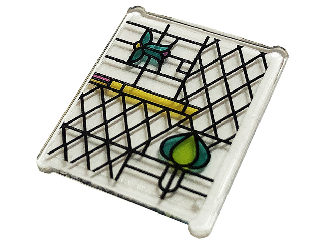 Lego Glass for Window 1 x 3 x 3 Flat Front with Dark Pink, Dark Turquoise, Lime and Yellow Stained Glass and Black Lattice Pattern (Sticker) - Set 75980