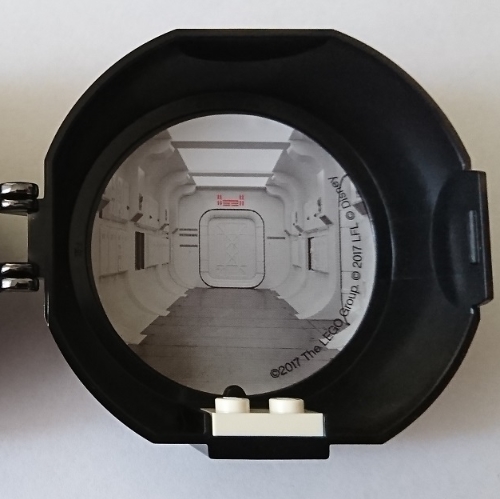 Lego Pod, Round, Half, Back with 1 x 2 Plate White with Star Ship Interior Sticker / Black
