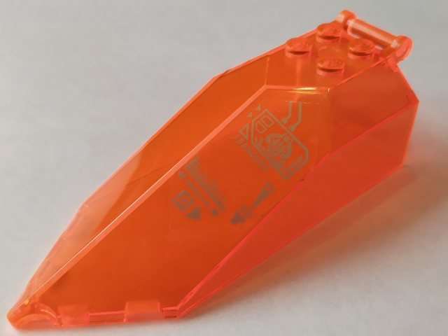 Lego Windscreen 10 x 4 x 2 1/3 Canopy Pointed with Bar Handle with Silver 'DANGER' and Circuitry Pattern (Sticker) - Set 70355 / Trans-Neon Orange