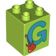 Lego Duplo Brick 2 x 2 x 2 with 'G' and Guitar Print / Lime