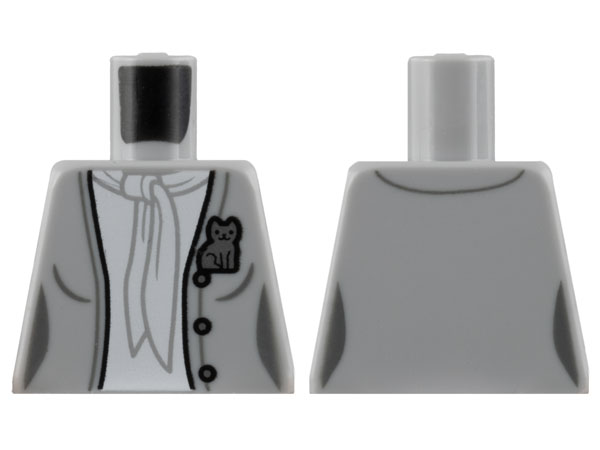 Lego Torso Female Open Jacket with 3 Buttons, Silver Cat Pin, White Blouse and Scarf Pattern / Light Bluish Gray
