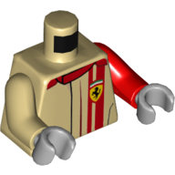 Lego Torso, Odd Arms, Racing Jacket with Red Stripe and Collar, Ferrari Logo Print, Left Red Arm, Right Tan Arm, Light Bluish Gray Hands / Tan