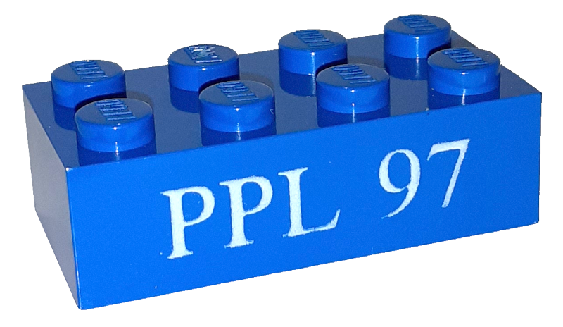 Lego Brick 2 x 4 with White 'PPL 97' Pattern / Blue