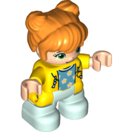 Lego Duplo Figure Child with Two Buns on Top and Long Bangs Orange, with Light Aqua Legs, Hoodie over Azure Shirt with Stars Print