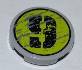 Lego Tile, Round 2 x 2 with Splatters and Black '9' on Lime Backgound Pattern Model Right Side (Sticker) - Set 8708 / Light Bluish Gray