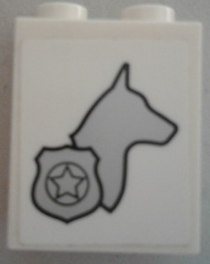Lego Brick 1 x 2 x 2 with Inside Stud Holder with Silver Dog Head Silhouette and Police Badge Pattern Model Right Side (Sticker) - Set 60048