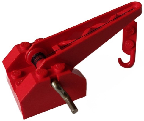 Lego String Reel Winch 4 x 4 x 2 with Sloped Top, Metal Handle, Red Drum and Crane Arm with String and Crane Hook Left